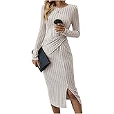 winkbay Women's Elegant Twist Front Long Sleeve Sweater Dress Crew Neck Bodycon Slit Ribbed Knit Work Dresses