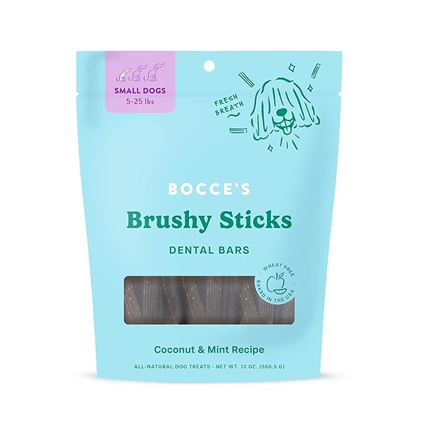 BOCCE’S BAKERY DAILIES BRUSHY STICKS TO SUPPORT ORAL HEALTH & FRESH BREATH, WHEAT-FREE DENTAL BARS FOR DOGS, MADE WITH REAL INGREDIENTS, BAKED IN THE USA, ALL-NATURAL COCONUT & MINT RECIPE, SMALL DOGS