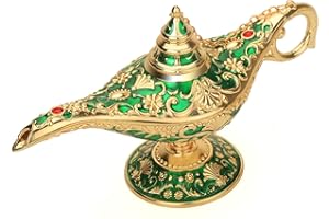 LAUYOO Classic Aladdin Magic Genie Lamp Legend Wishing Light Costume Lamp Metal Carved Arabian Props for Home Tabletop Decoration Party Birthday Halloween Christmas Size 7 x 20.7 x 11.3CM-Green