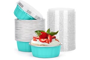 Beasea 8 oz 50 Pack Disposable Ramekins with Lids, Aluminum Cups for Baking Elegant Blue Aluminum Foil Cups Creme Brulee Muff