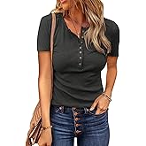 BTFBM Womens Tops 2026 Spring Summer Top Henley V Neck Short Sleeve Button Slim Fit Casual Ribbed Shirts Blouses Outfits