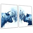 Gnosis Picture Archive Bull and Bear New York City Skyline Abstract Watercolor Navy Blue and White Unframed set of 2 Wall Art Poster, Stock Market Day Trader Stock Broker Office Decor