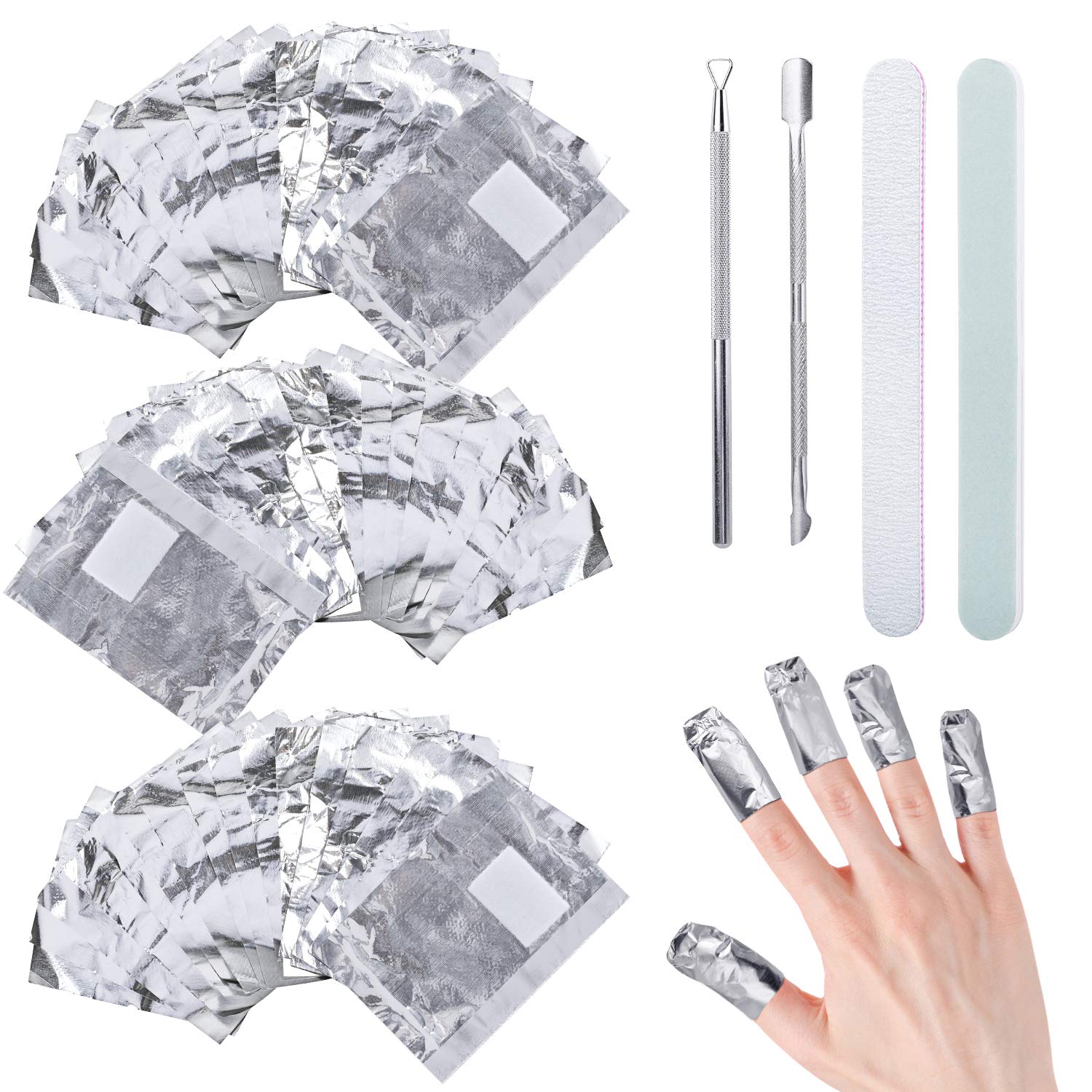 300 Pcs Super thin Foil Nail Wraps Remover, Nail Polish Remover Foil Wrap with Cuticle Pusher, Aluminium Nail Polish Remover, Nail file & Nail Buffer Block, shellac removal kit-NO Acetone(Slivery)