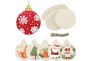 Hidreas 40 Pcs Unfinished Wood Ornaments DIY Round Wooden Ornaments Christmas Crafts Kit, Round Wood Christmas Ornaments for Crafts and Christmas Holiday Hanging Decorations