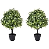 I.C.ELAINE 27" Faux Boxwood Plants Outdoor Set of 2, UV-Resistant Topiary Trees Artificial Outdoor, Realistic Fake Evergreen Bushes & Shrubs for Planters Front Porch Outside Decor 2.3ft