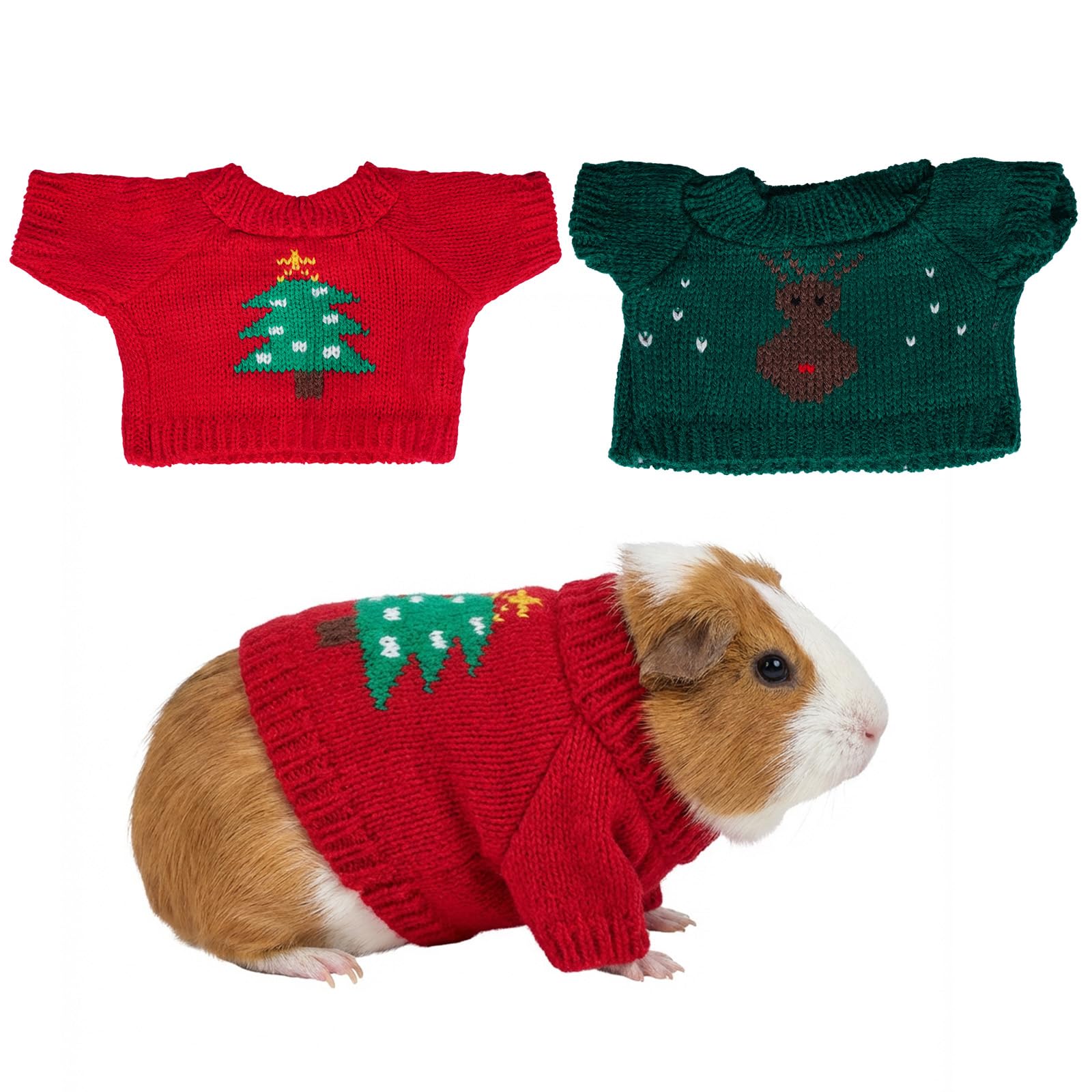 Photo 1 of 2 Pack Guinea Pig Clothes Hamster Sweater Ferret Knitted Clothes for Small Animal Outfit Winter Valentine Christmas Clothing (One Size, Christmas-1)
