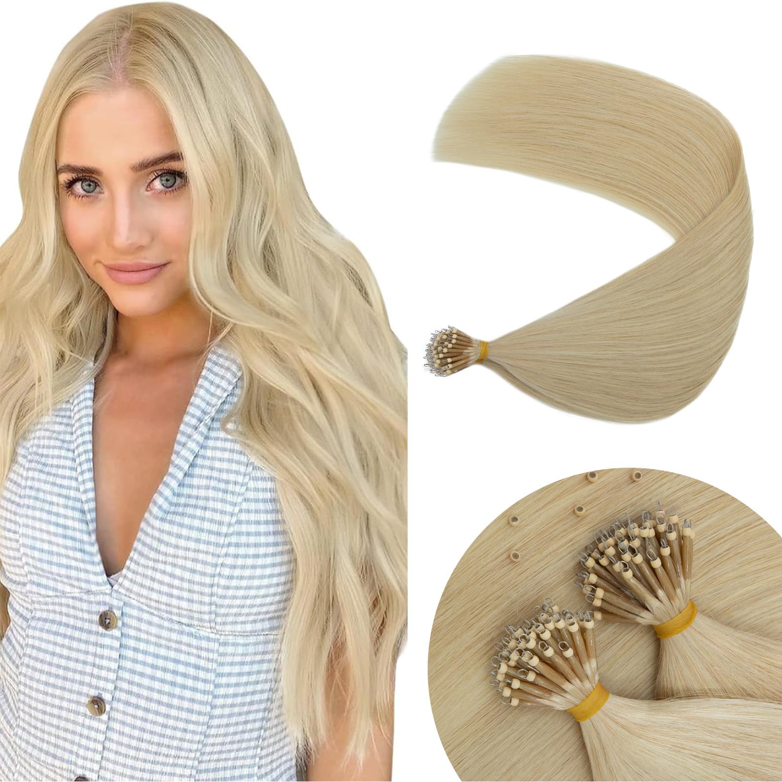 Elailite Nano Ring Hair Extensions Real Human Hair Blonde With Nano Beads Cold Fusion 50 Strands 50g Straight (#60 Platinum Blonde, 18 Inch) — image 1