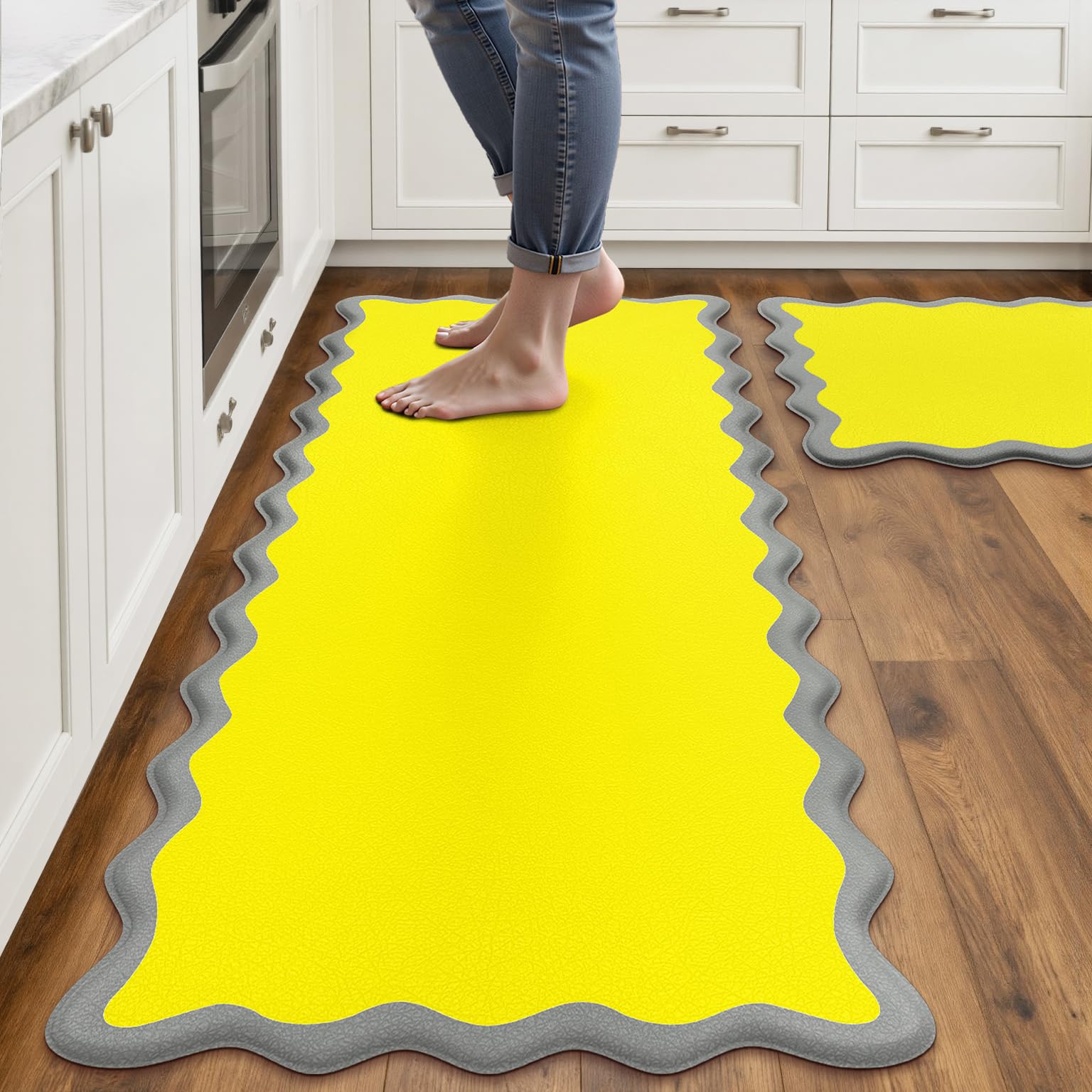 Arenarug Scalloped Yellow Gray Kitchen Mats Rugs Sets of 2 Cushioned Anti Fatigue Floor Mat Waterproof Kitchen Rugs Non Slip Foam Comfort Standing Mat for Sink Laundry Image