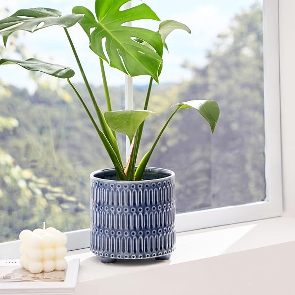 STHIE 5 INCH CERAMIC PLANTERS FOR INDOOR PLANTS, BLUE CACTUS SNAKE PLANT POTS WITH DRAINAGE, UNIQUE DESIGN ROUND FLOWER POT FOR HOME DECORATION