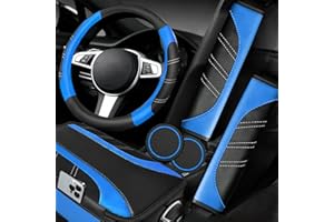 NBTEPEM 6 Pcs Blue Car Accessories Set, Sport Leather Steering Wheel Cover 14.5-15inch Universal, Microfiber Leather Car Center Console Cover, Seat Belt Cushion, Cup Holder Coaster (Black-Blue)