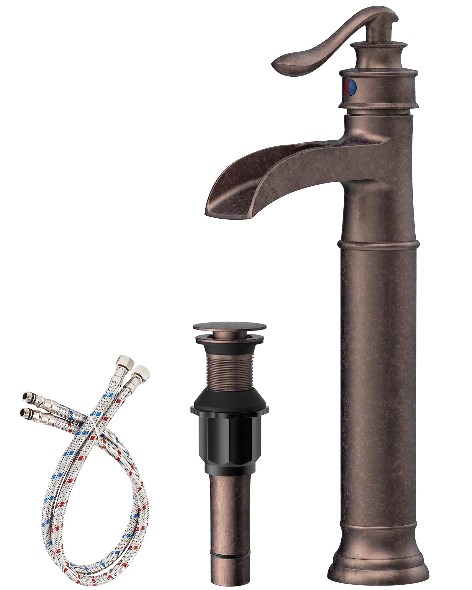 Photo 1 of Vessel Sink Faucet Copper Tall Bathroom Faucets Waterfall Single Handle 1 Hole Farmhouse Antique with Pop up Drain Assembly and Supply Lines Mixer Tap Without Overflow Counter Top