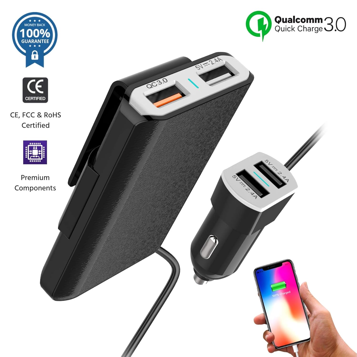 Multi-Port QC3.0 USB Car Charger Adapter compatible for iPhone XS/Max/XR/X/8/7/Plus, iPad Pro/Air/mini, Samsung Galaxy S9/8/7/Note, LG, Motorola and More| Cigarette Lighter Charge