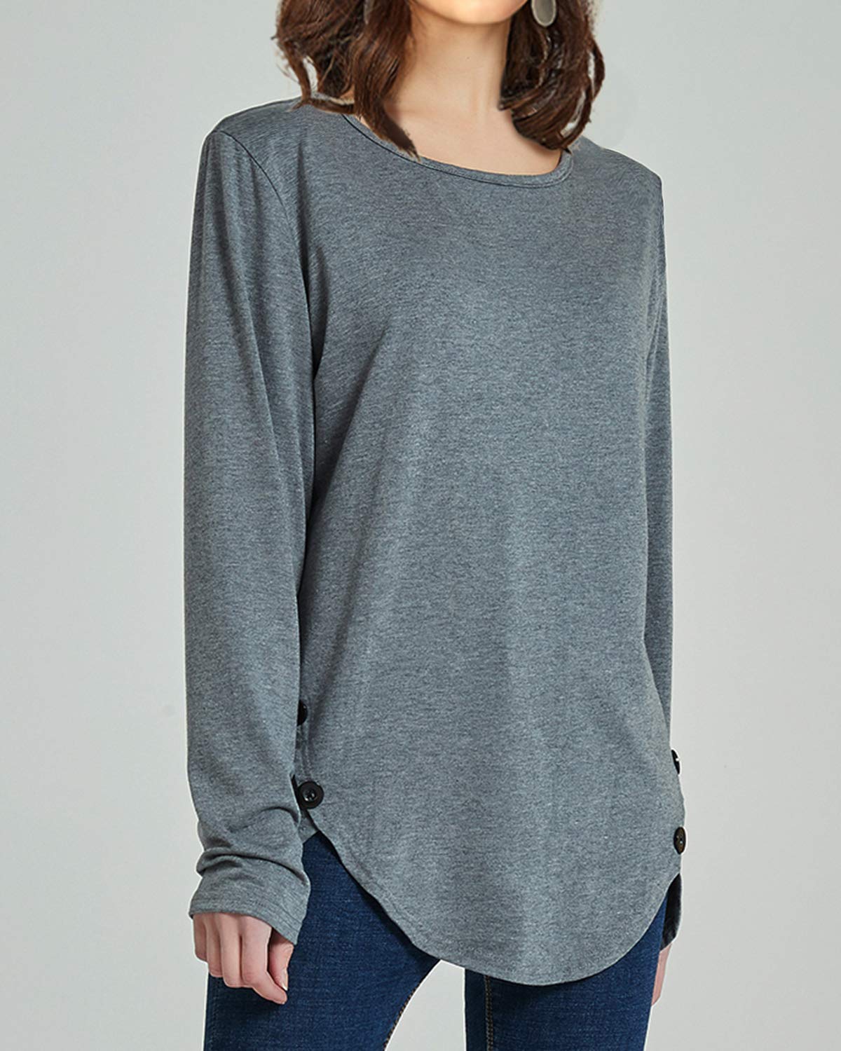 Disi Women\'s Button Round Neck T- Shirt Slim Long Sleeve Top Front Side Split Causal Pullover Blouses Basic Tunic 灰 M Gray