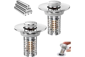 MEMOFO 3-in-1 Bathroom Sink Drain Strainer, Stainless Steel Pop-up Strainer Basket Hair Catcher with Removable Basket, Brass Bullet Core, Universal Fit 1.1-2.36 Inch (2PCS)