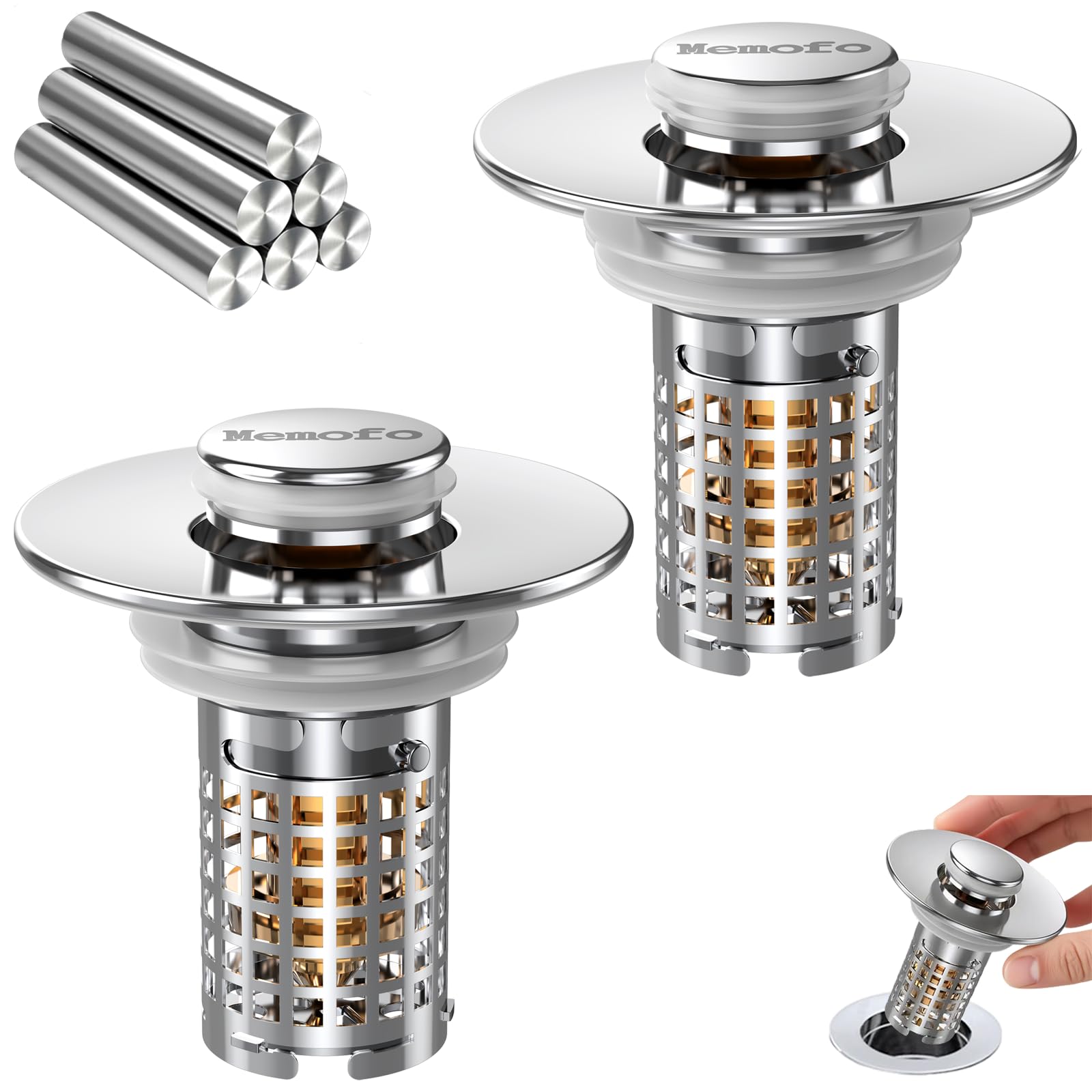 Photo 1 of (2PCS) Bathroom Sink Drain Strainer, Stainless Steel Pop-up Strainer Basket Hair Catcher with Removable Basket, Brass Bullet Core, Universal Fit 1.1-2.36 Inch