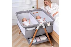 Twin Bassinet for 2 Babies- Double Baby Bassinet Bedside Sleeper with Breathable Mesh, Portable Bedside Crib for Twins with S