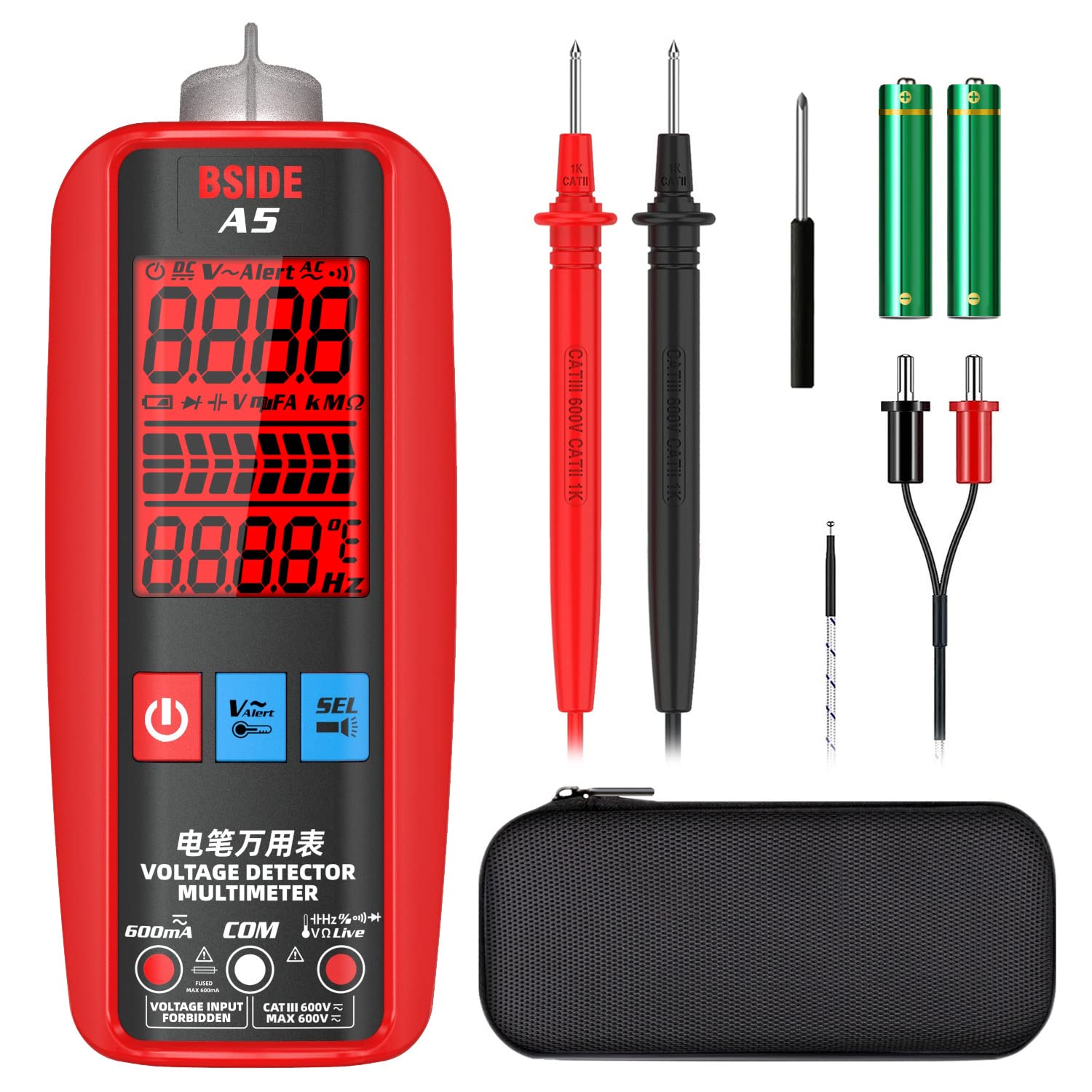 BSIDE Digital Multimeter, A5 Automatic Multi Tester Measures AC DC Voltage Current Cap Ohm Hz Diode Continuity NCV Mode