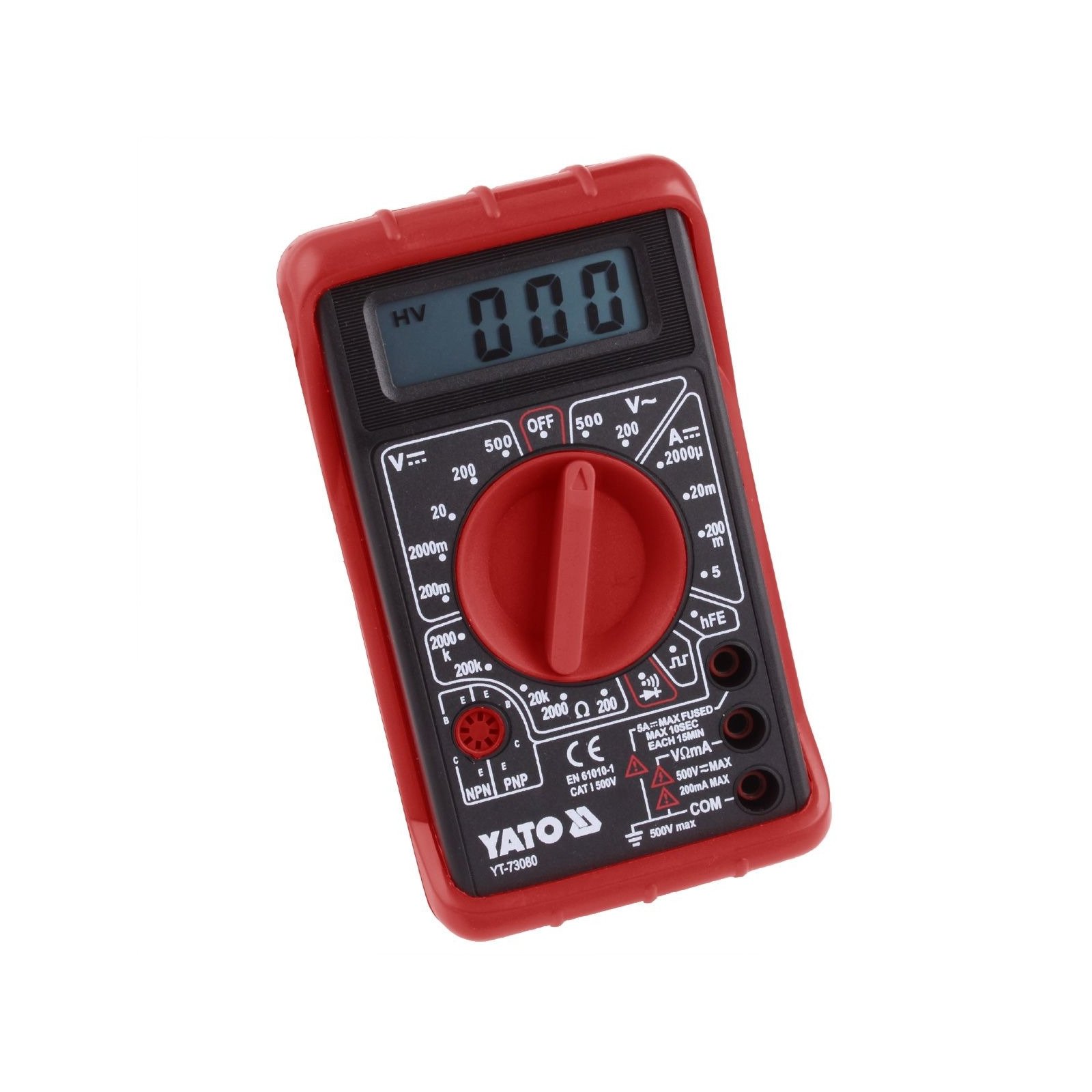 Yato Universal Electrical Digital Multimeter - Ideal for Electric and Automotive Use, Lightweight, Multiple Test Functions, Plastic Housing in Rubber Case Protector, 140g, YT-73080