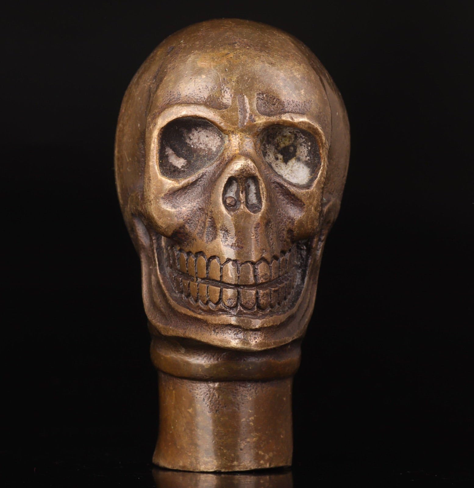 YUNHAO Collectible Handwork Carving Bronze Skull-Head Statue Walking Stick Cane Head