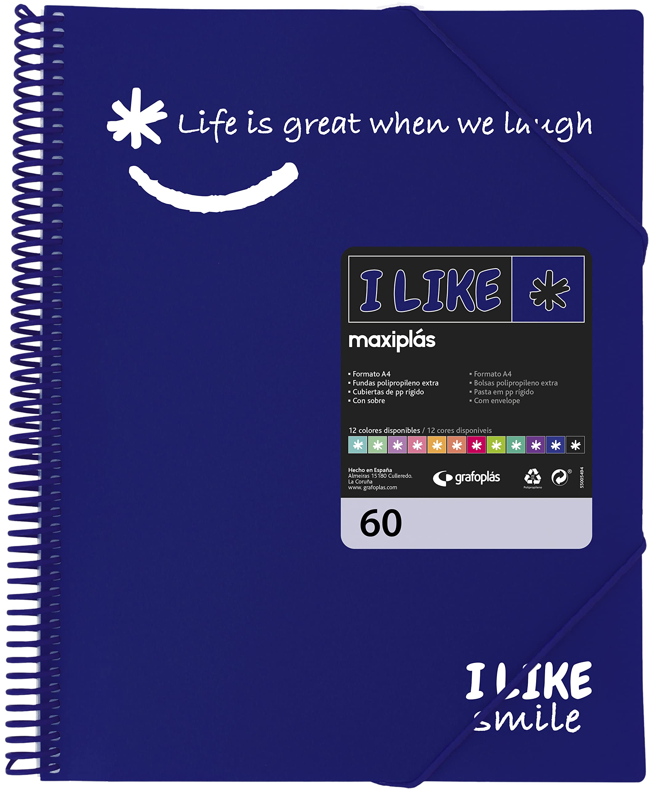 Grafoplas - Folder with Spiral, A4, Blue, 60 Pockets, Polypropylene, Like Smile