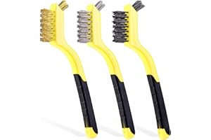 Lavaxon Wire Brush Set 3Pcs - Nylon/Brass/Stainless Steel Bristles with Curved Handle Grip for Rust, Dirt & Paint Scrubbing with Deep Cleaning – 7 Inches (Yellow)