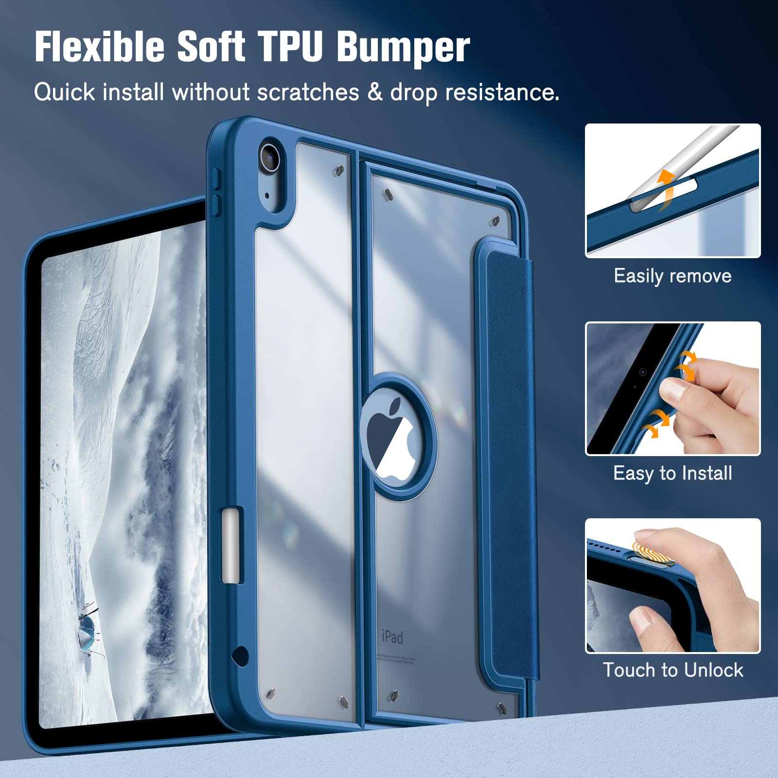 Fintie Clear Case for iPad 10th Generation 10.9 Inch Tablet (2022 Release) - Multiple Angles Viewing Shockproof Soft TPU Cover with Transparent Back Shell & Pencil Holder, Marine Blue