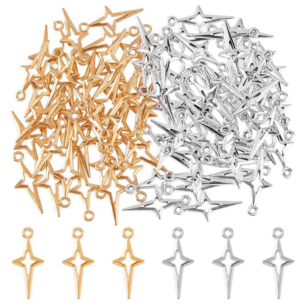 SUPERFINDINGS 100Pcs 2 Colors 4 Point Star Charms Tibetan Star Charms Antique Gold Silver Hollow Celestial Pendants Small Star Charms Bulk North Star Pendants Charms for DIY Jewelry Making Crafts