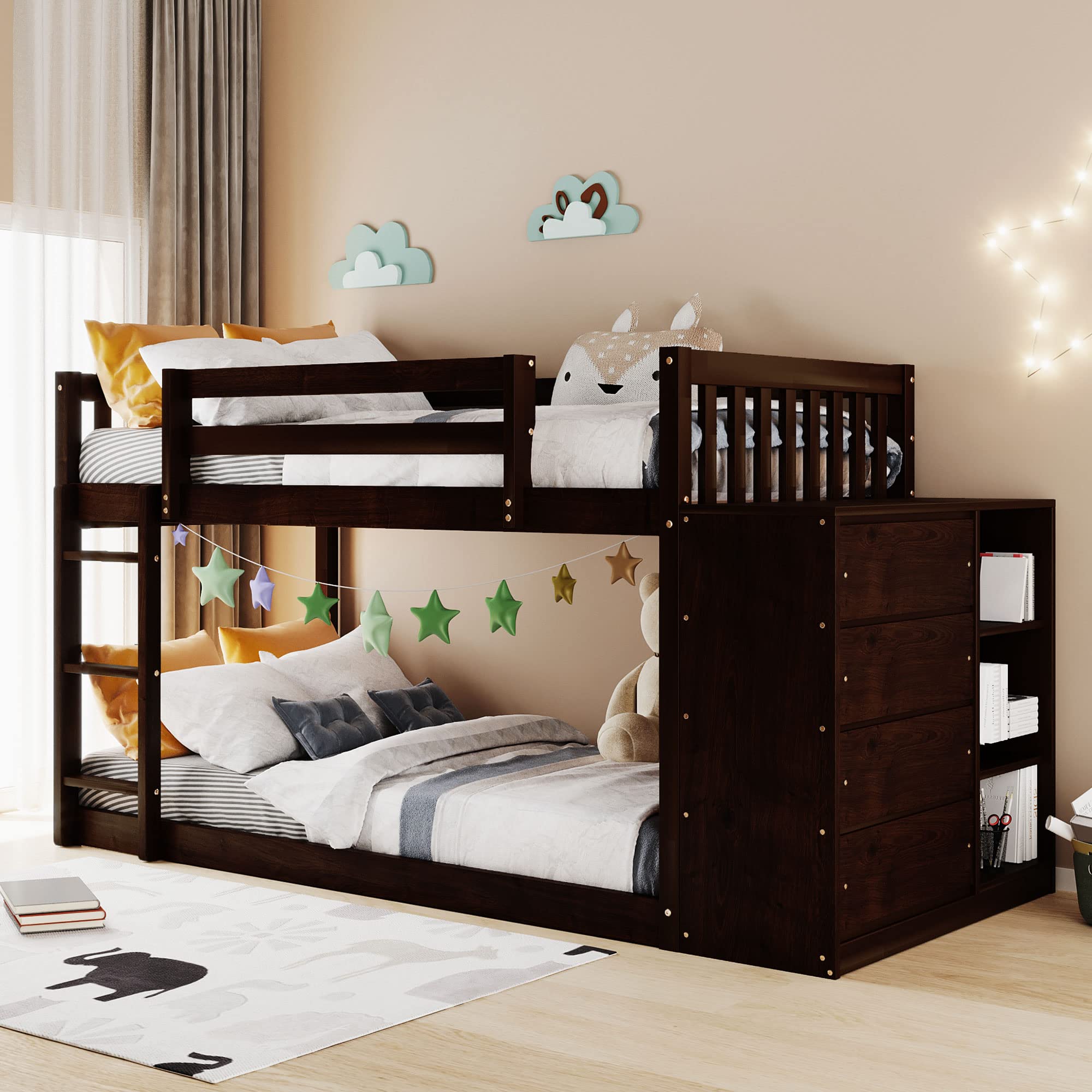 Mua BIADNBZ Twin Over Twin Floor Bunk Bed with Guard Rails and Movable ...