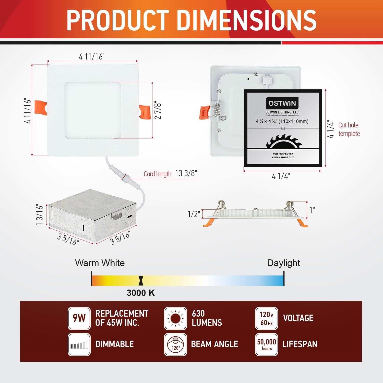 OSTWIN 4 inch 9W (45 Watt Repl.) IC Rated LED Recessed Low Profile Slim Square Panel Light with Junction Box, Dimmable, 5000K Daylight 630 Lm. No Can Needed ETL & Energy Star Listed: Home Improvement