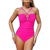Eagerbuy Womens One Piece Swimsuits Tummy Control Slimming Scalloped Bathing Suit Sexy Cut Out Criss Cross Ruched Swimwear