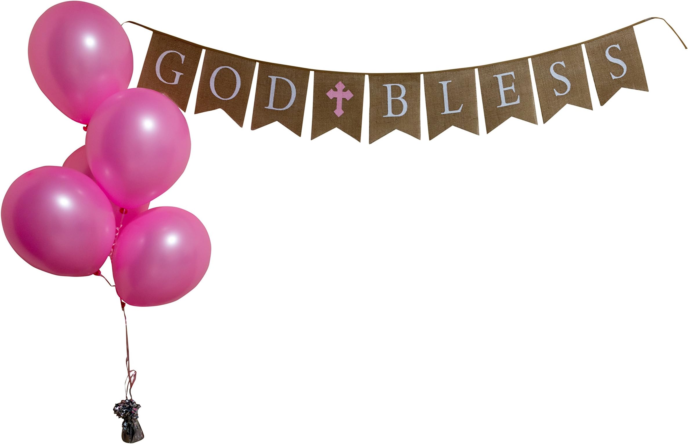 God Bless Burlap Girl Banner - Baptism - First Communion - Christening - Baby Shower - 5 Pink Latex Balloons