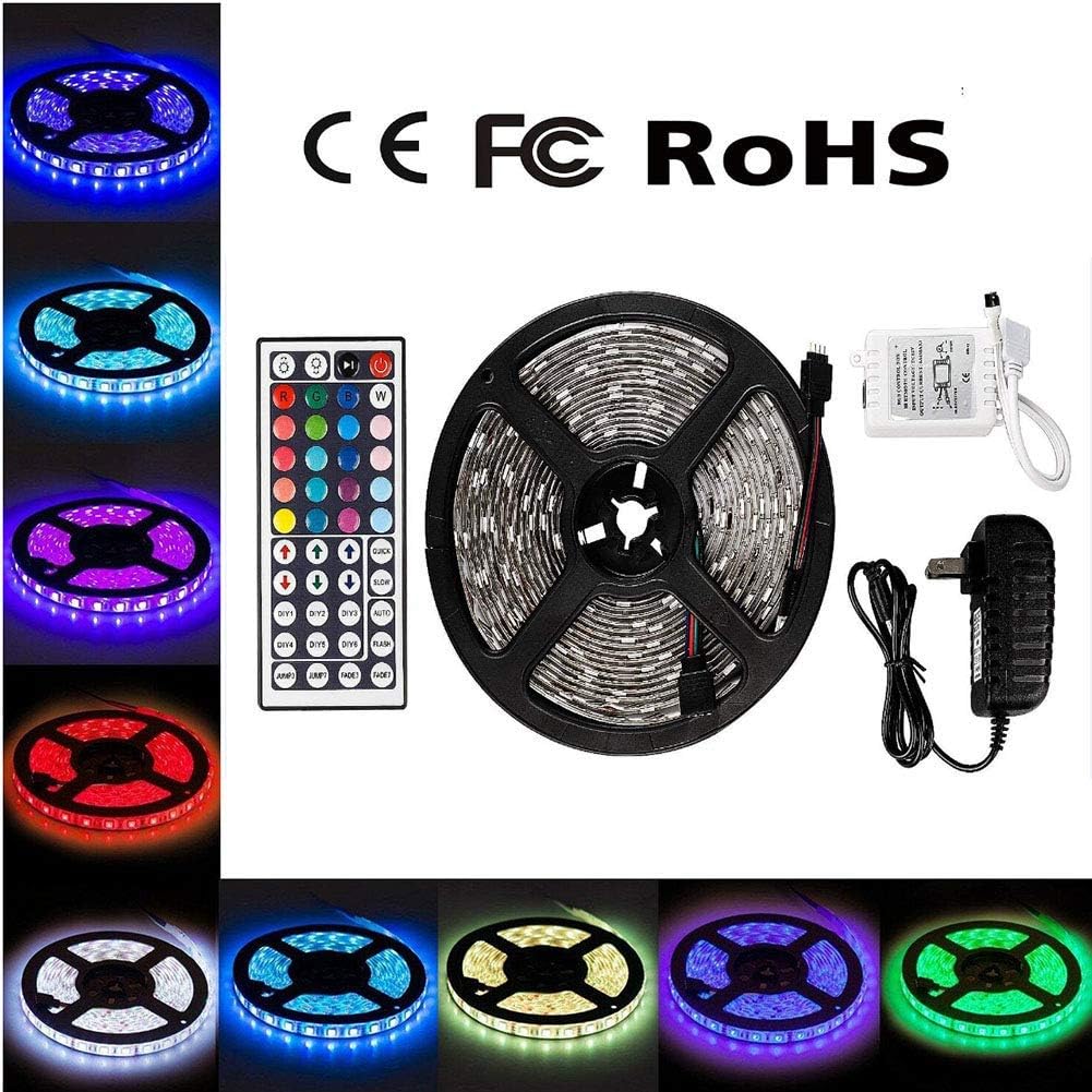 LED Strip Lights,16.4ft RGB Color Changing LED Strip,12V 2A Dimmable RGB Strip Lights,Waterproof Flexible Strip Lights,with 44 Key Remote Controller and Power Adapter for DIY Bedroom Home Bar Party