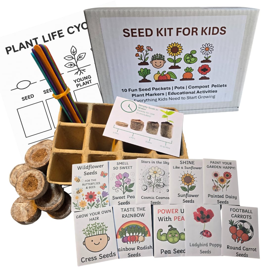 Kids Gardening Kit – Grow Your Own Flowers, Herbs & Vegetables | Children’s Gardening Set with Seeds, Pots, Compost & Markers | Fun Outdoor Growing Activity Gift for Kids