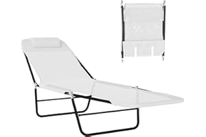 Outsunny Folding Chaise Lounge Chair, Pool Sun Tanning Chair, Outdoor Lounge Chair with Reclining Back, Breathable Mesh Seat, Headrest for Beach, Yard, Patio, Cream White