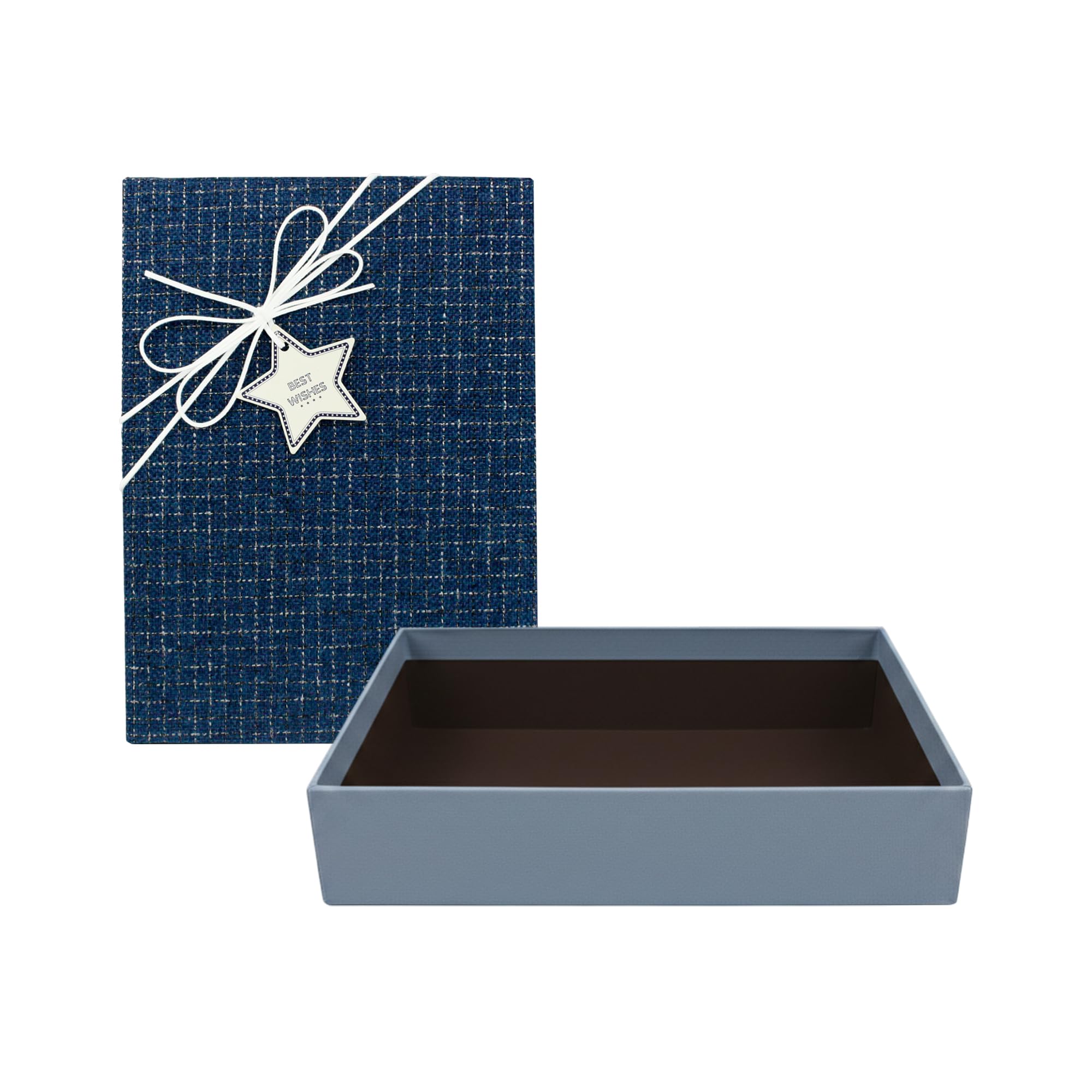 Emartbuy Textured Fabric Blue Rigid Gift Box with Ribbon – 24.5 x 17 x 6.5 cm – Luxury Cardboard Presentation Box | Premium Packaging for Hampers, Birthdays, Weddings, Corporate Gifting