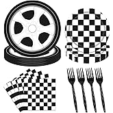 96PCS Racing Car Plates and Napkins Racing Car Birthday Tableware Set Race Car Party Supplies Car Birthday Party Decorations Checkered Racing Car Birthday Party Supplies Plates Napkins Forks Serve 24