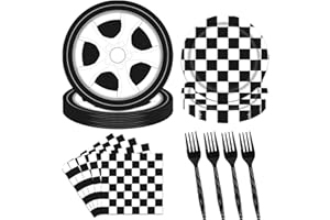 Poqirzan 96PCS Racing Car Plates and Napkins Birthday Party Tableware Set Boys Kids Race Car Birthday Decorations Checkered R