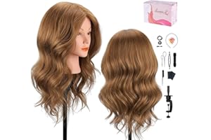 Mannequin Head with 100% Human Hair, MYSWEETY Doll Head for Hair Styling, Manikin Head Cosmetology Makeup Hairdressing Training Head with Clamp Holder and Tools(18" Brown, Makeup)
