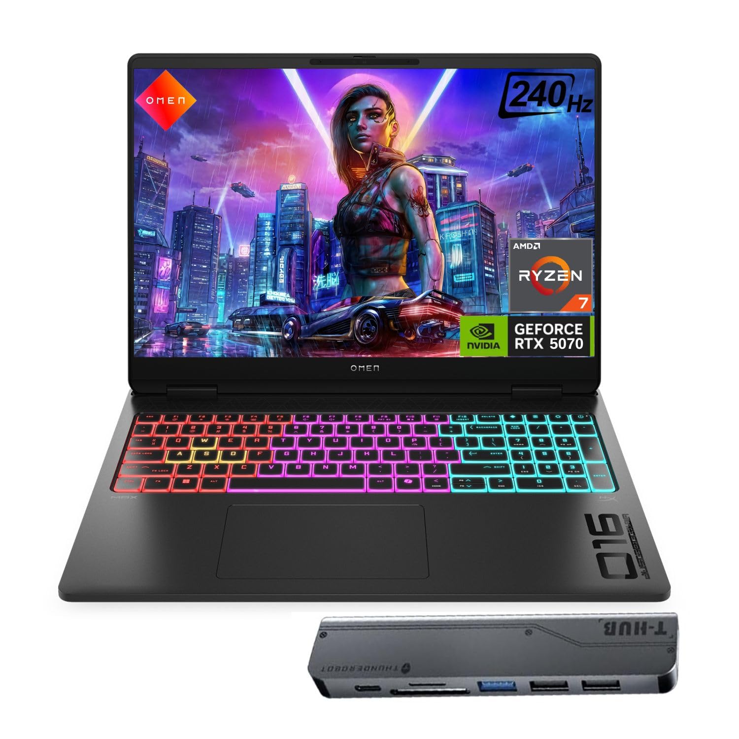 HP Omen MAX RTX 5070 Gaming Laptop, 16" WQXGA 240Hz, AMD Ryzen AI 7 350, 32GB DDR5 RAM, 1TB SSD, HyperX-Tuned RGB Backlit Keyboard & Audio, Bundle with Thunderobot 7 in-1 USB-C Hub, Win 11 Home, Black