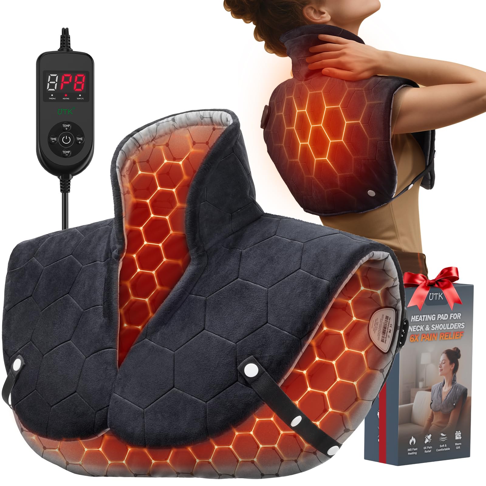 Photo 1 of Far Infrared Heating Pad for Neck and Shoulders and Back - 6X Deeper Pain Relief, Graphene 30s Fast Heat, 8 Heat Setting, 16 Timer, Automatic Memory, Weighted Heating Pads Gift for Women&Men (Black)
