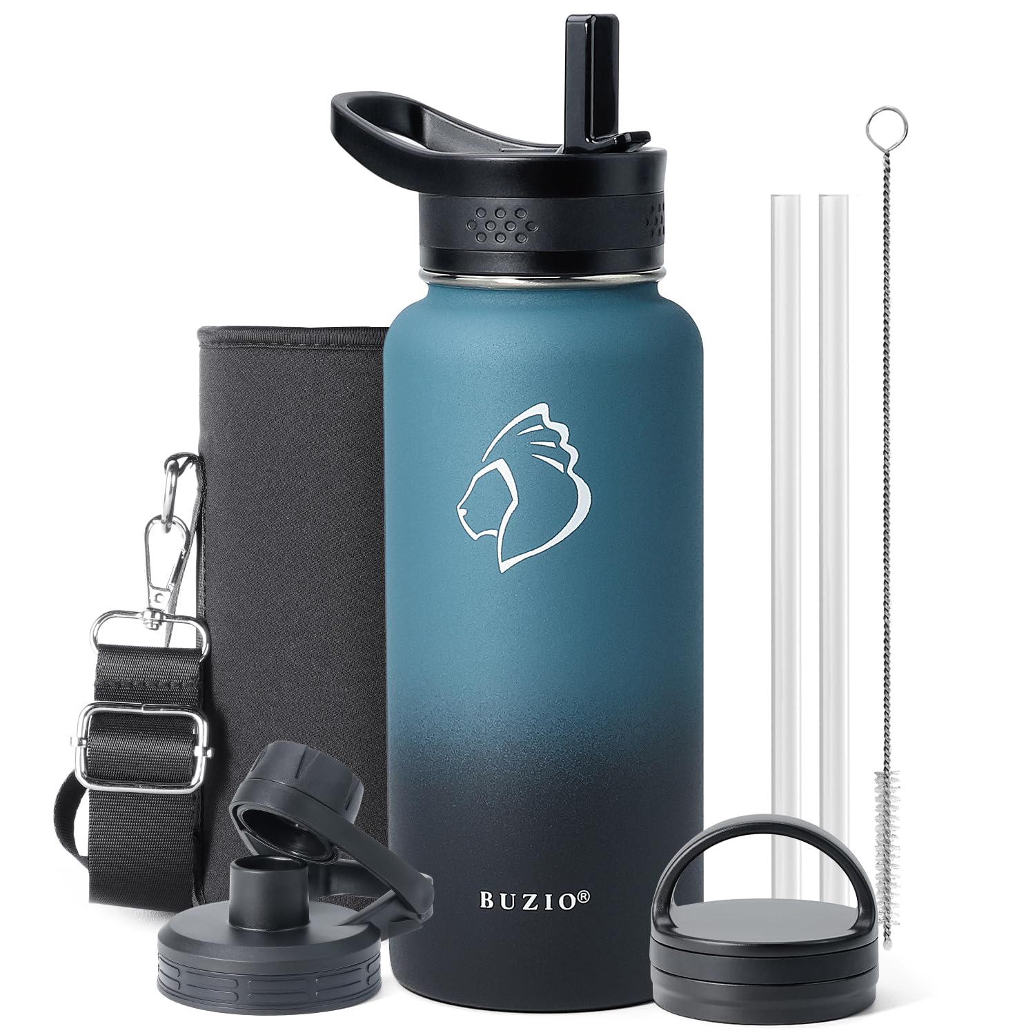 Stainless Steel Water Bottle with Straw, BUZIO Insulated Water Bottle 1L Spout Lid Hand Lid and Carrying Pouch Double Wall Leakproof BPA Free Water Falsk Travel Thermo Bottle, Indigo Crush — image 1