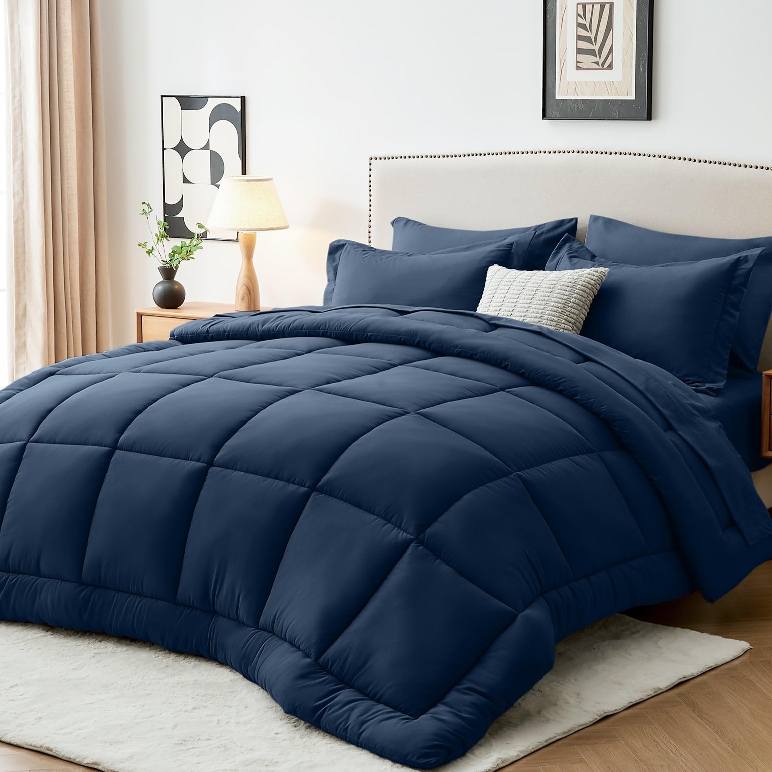Sasttie Full Size Comforter Sets, 7 Pieces Bed in a Bag Full, Complete Bedding Set Includes Comforter, Flat Sheet, Fitted Sheet, Pillowcases and Pillow Shams, Navy Image