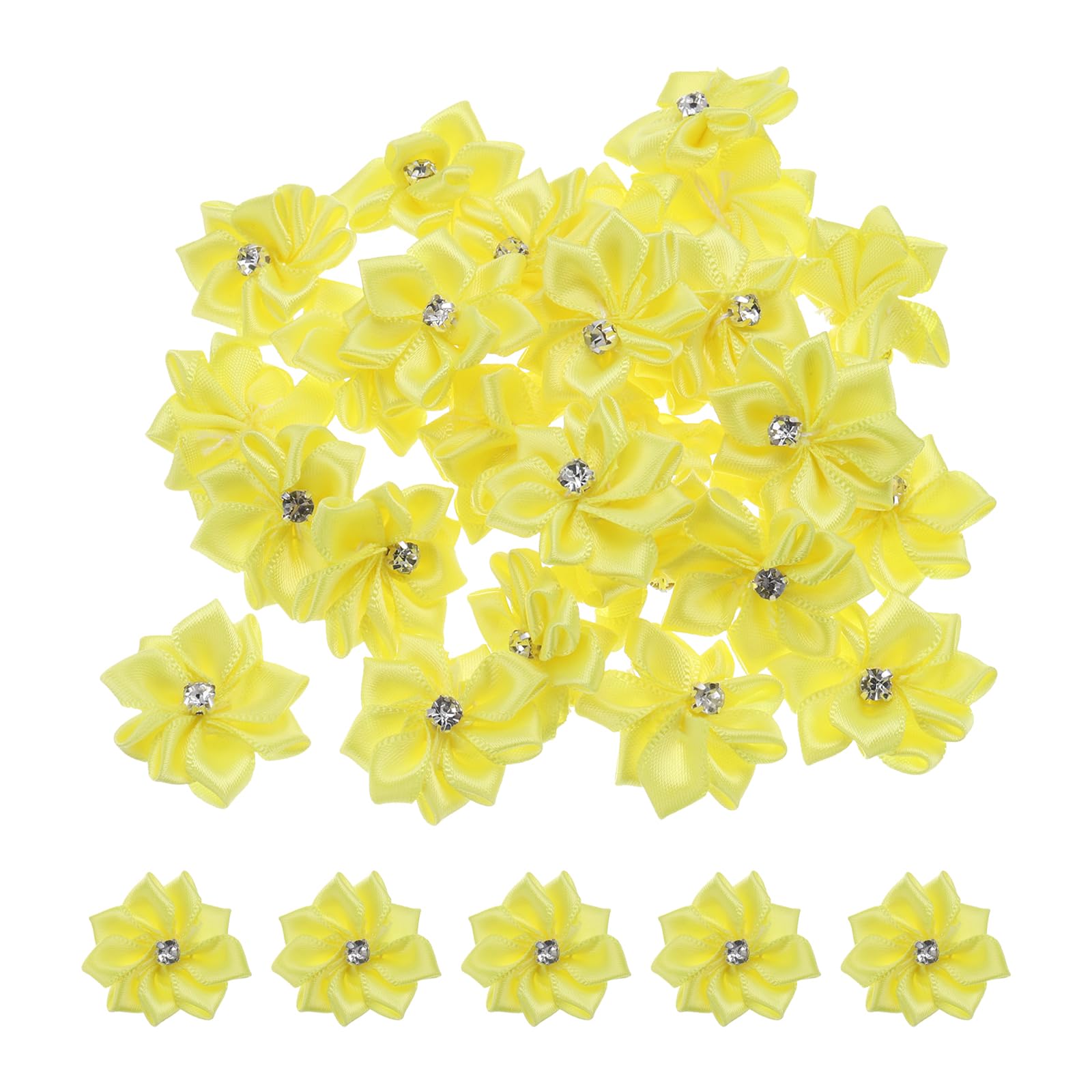 PATIKIL 1.2 Inch Small Ribbon Flowers, 100 Pcs Satin Ribbon Flowers Mini Fabric Flowers for Crafts DIY Wedding Ornament Appliques, Yellow