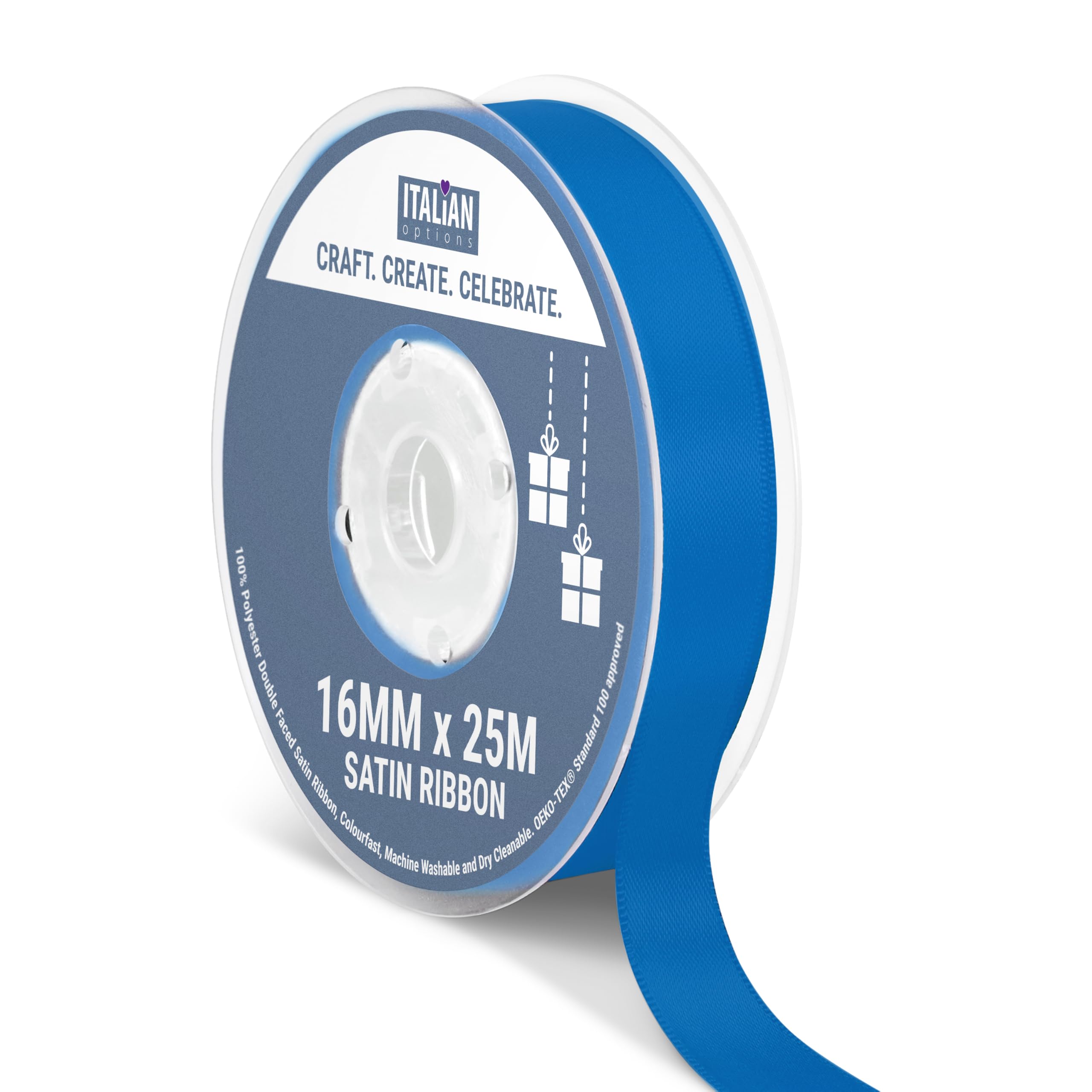 Italian Options Satin Ribbon, Fabric Ribbons for Gift Wrapping, Crafting, Balloons, Wedding Car, Presents, Cake, Christmas, Birthday, Gift Wrap Accessories, 16mm Wide x 25 Metre Roll, Royal Blue