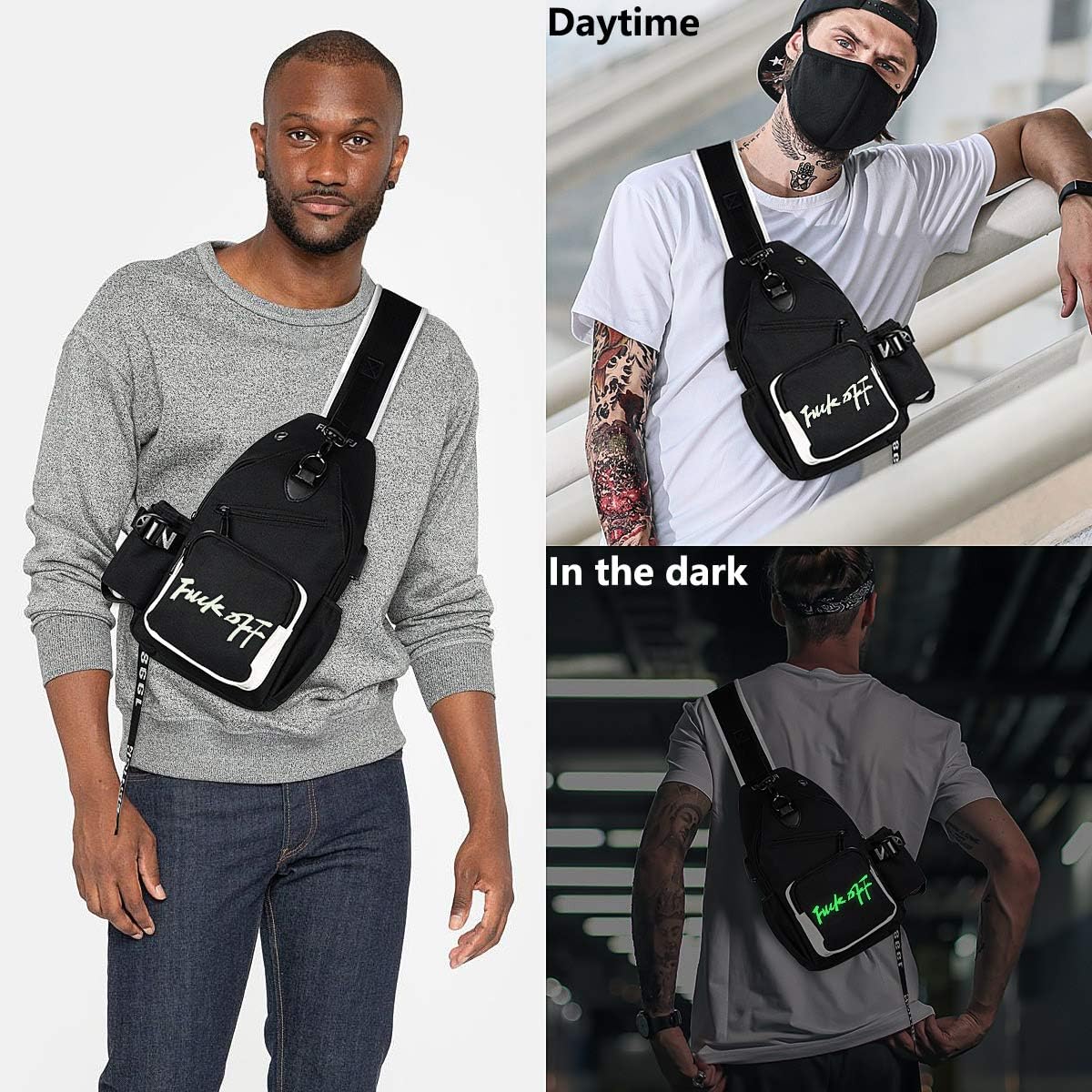 Xinveen Luminous Sling Bag Cross Body Shoulder Backpack Multifunction Chest Bag with USB Charging Port for Men Boys Travel Sports Off - Image 3