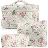NATINSA Cute Makeup Bag for Women(2 Pcs), Travel Cosmetic Bags, Quilted Coquette Aesthetic Floral Toiletry Organizer Bag (21 - Pink Flower)
