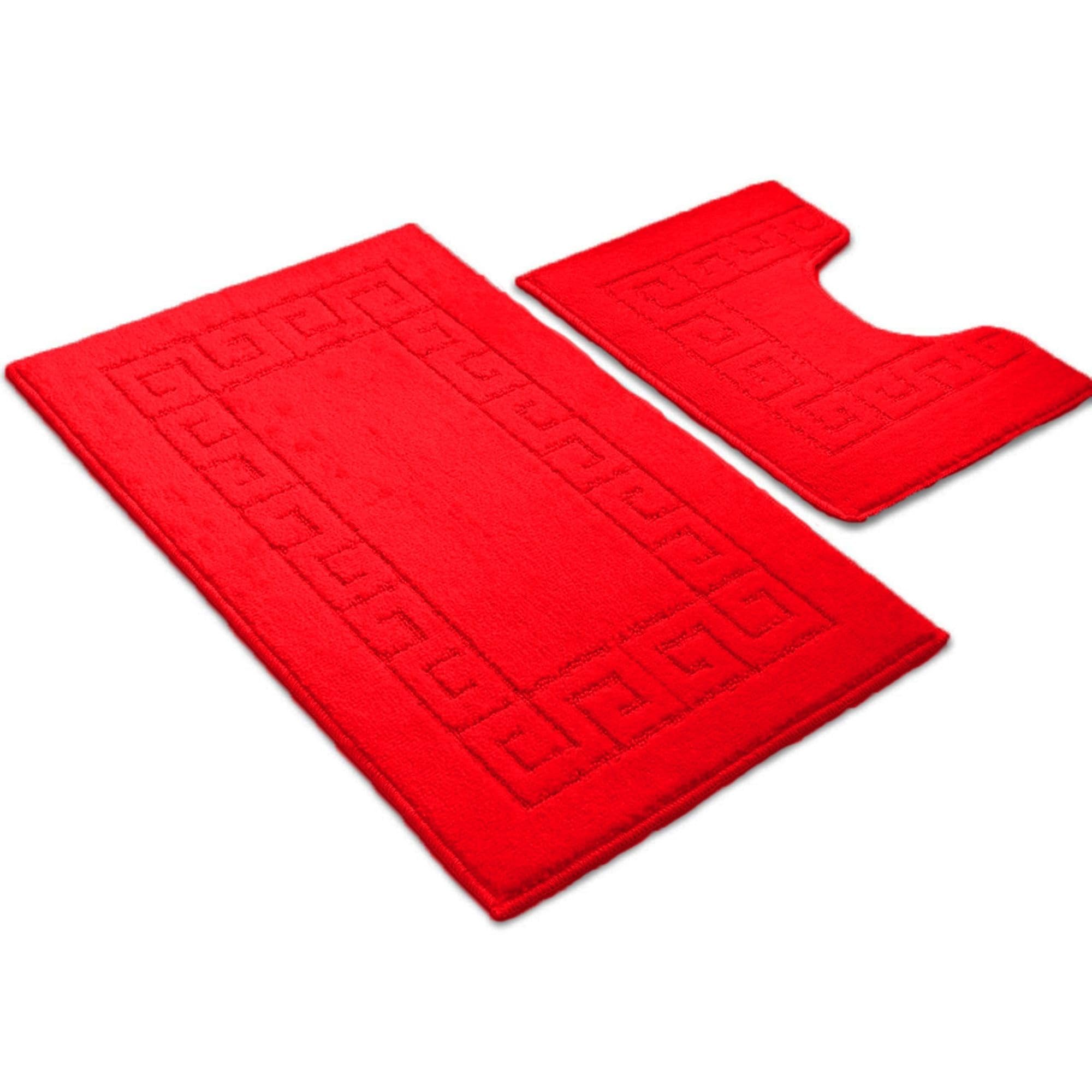 Ambience Products Greek Key Pattern Bath Mats 2 Piece Sets Non Slip Bathroom Mat, Soft Washable Rug Quick Dry Water Absorbent Bathroom Shower Mat & Pedestal Set (Red)