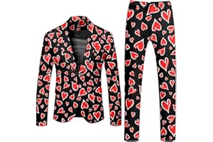 Mens Valentines Suits 2 Piece Set Heart Long Sleeve One Button Slim Fit Jacket Pants Set Festive Wedding Prom Party Blazer