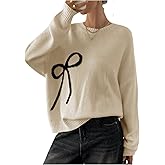 BEAUDRM Women's Bow Sweaters Crew Neck Long Sleeve Jumper Knit Sweater Pullover Tops