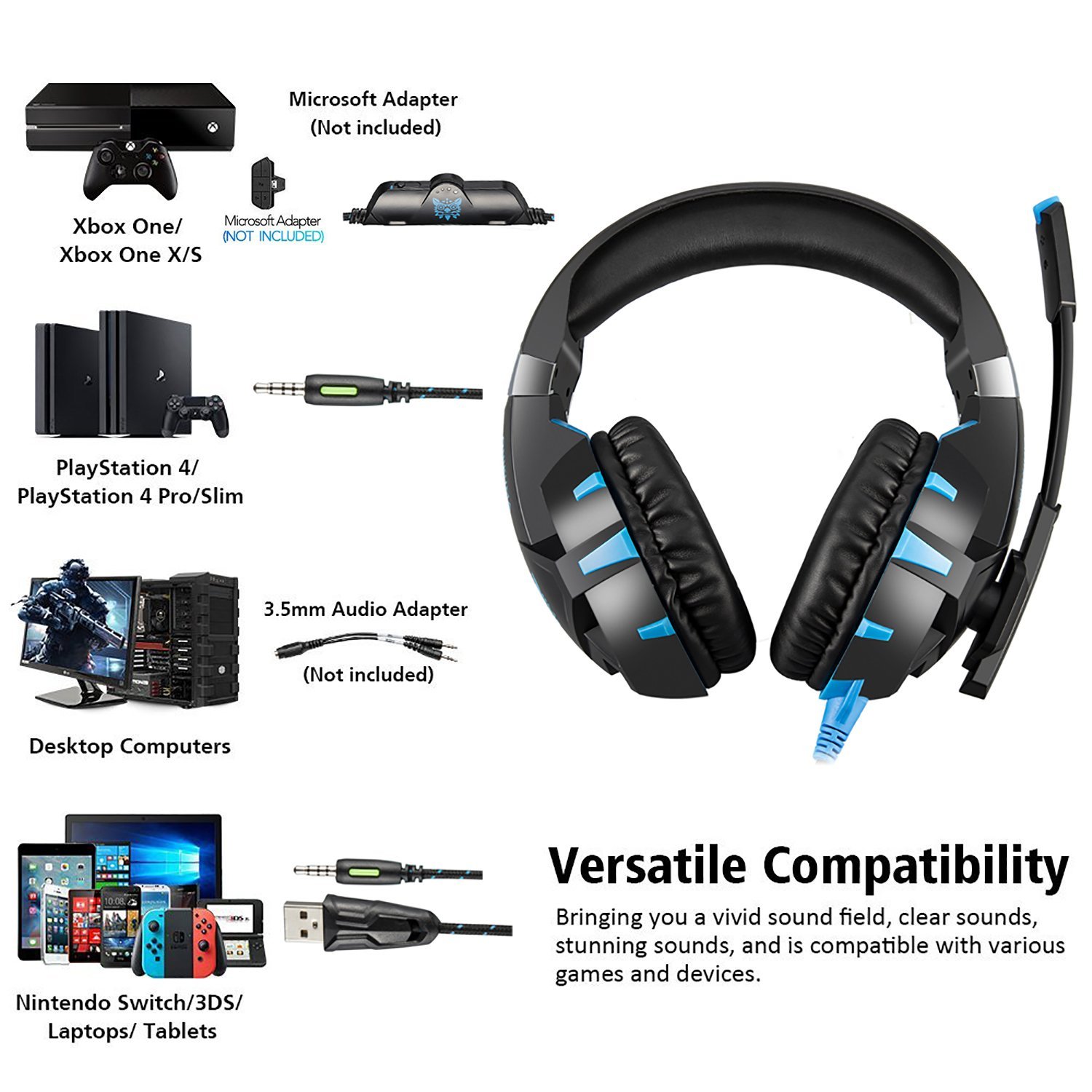 ONIKUMA K2 Gaming Headset - Headset Gaming Headphones for PS4, Xbox One, PC, Nintendo Switch, Mac, Laptop with Noise Cancelling Micphone, Soft Memory Earmuffs & LED Light